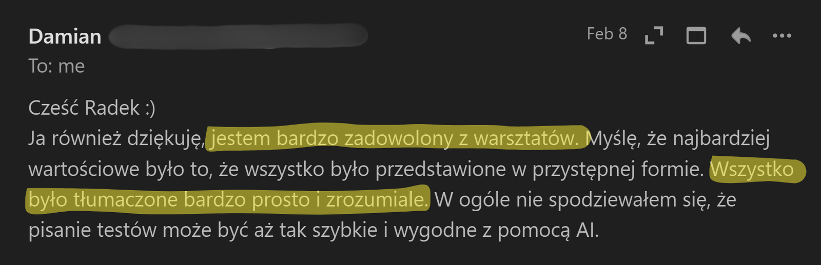 Zrzut opinii uczestnika poprzedniej edycji warsztatu 1