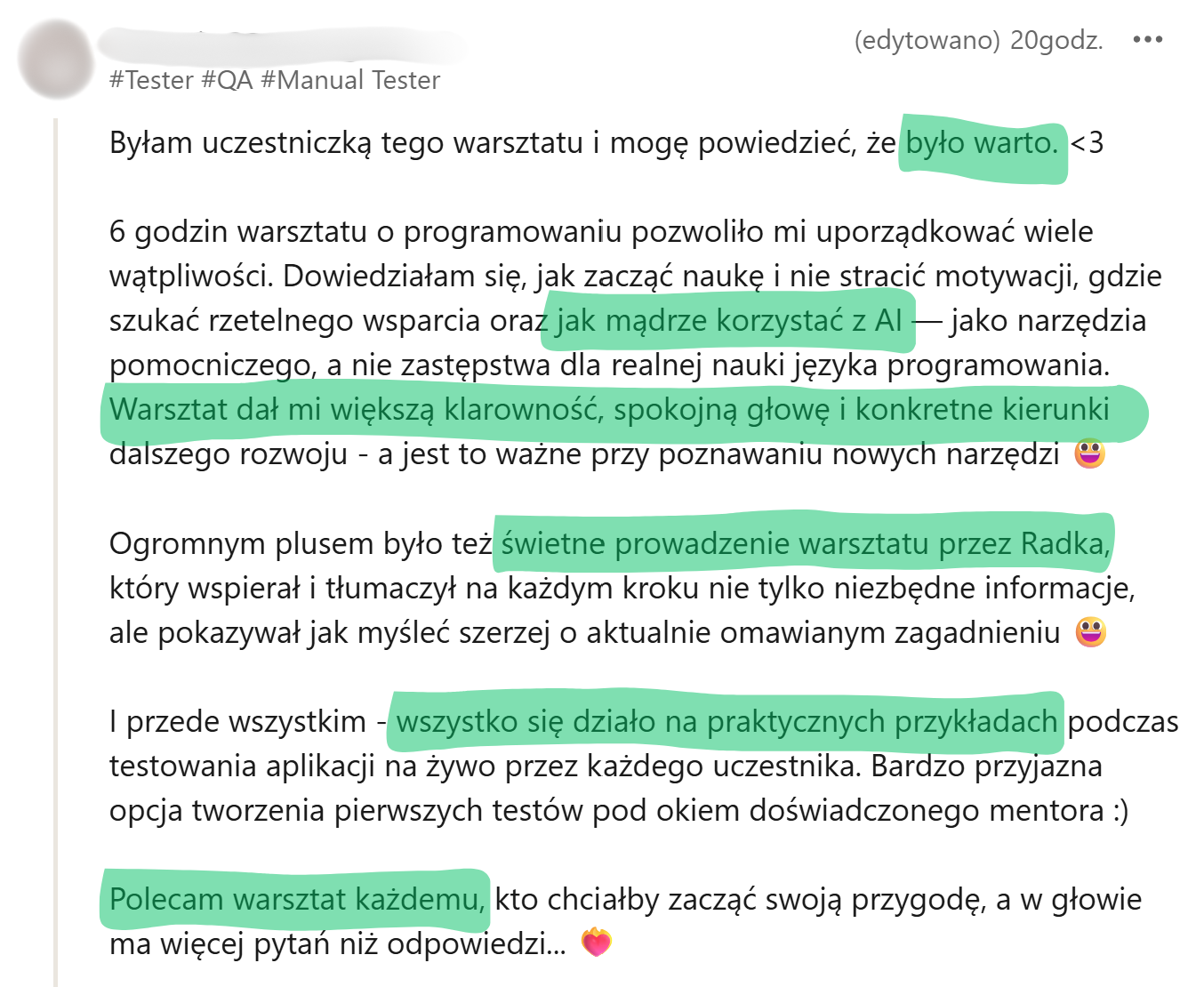 Zrzut opinii uczestnika poprzedniej edycji warsztatu 3